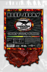 Carnivore Candy PNW packaging of Cherry Scotch Bonnet Beef Jerky, showing the product name and pieces of jerky in front.