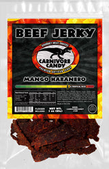 Carnivore Candy PNW packaging of Beef Jerky with Mango Habanero flavor. The package displays the product name, an image of the jerky, and the spicy level indicator.