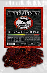 Carnivore Candy PNW packaging of BBQ Flavored Mesquite Beef Jerky shows the product name, logo, and an image of the jerky itself.