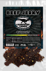 Carnivore Candy PNW packaging of Beef Jerky with the product name 'Burnout' is displayed prominently. The package shows the jerky pieces with visible seasoning.