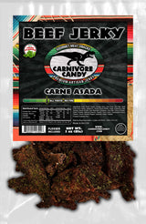 Carnivore Candy PNW packaging of Carne Asada Beef Jerky with the product visible in front of the package. The package has a colorful design with text and branding.