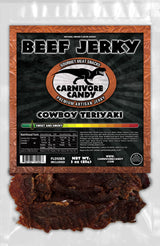 Carnivore Candy PNW packaging of Cowboy Teriyaki Beef Jerky features visible pieces of jerky through a clear window.