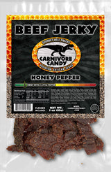 Carnivore Candy PNW packaging of Honey Pepper Beef Jerky features visible pieces of jerky through a clear window.