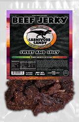 Carnivore Candy PNW packaging of Sweet and Spicy beef jerky by Carnivore Candy displays the product and its flavor profile.