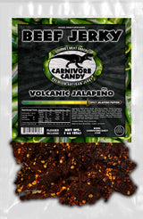 Carnivore Candy PNW packaging for Volcanic Jalapeño beef jerky, shows the product name and a picture of the jerky below.