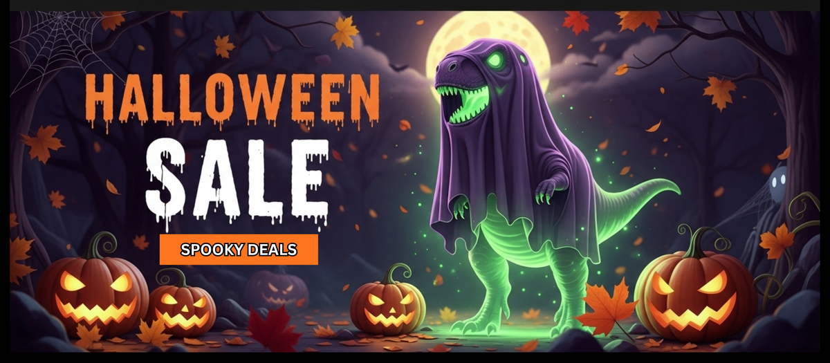 Halloween sale banner with a dinosaur in a purple cape and jack-o'-lanterns.